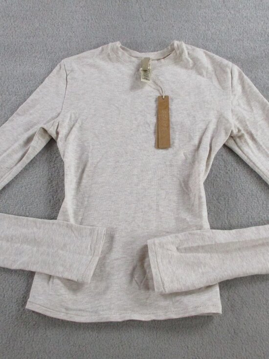 SKIMS Cotton Jersey Long Sleeve T Shirt Womens 2XS XXS Oatmeal Heather NWT - Picture 2 of 9
